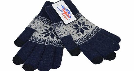Gift Tree Ltd Navy Unisex Touch screen Angora Winter snow flake Gloves with Three Conductive Fingertips for Use With - Smartphones, Tablets, eReader, Kiosk, ATM, Digital Cameras, Video Cam, Game Systems, GPS, MP3, 