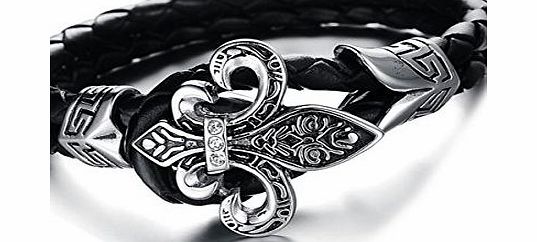 Gilind gothic leather stainless steel fleur de lis bracelets for men   gift box