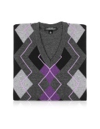 Gio Ferrari Menand#39;s Gray and Purple Argyle Wool and Cashmere Sweater