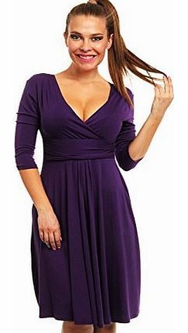 3/4 Sleeve V-Neck Jersey Dress 282 (UK 8/10, Purple)