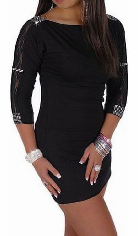 Ladies Sexy Lace Diamante Detail Sleeve Bodycon Dress, Black, M UK 8/10