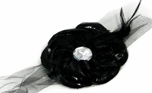 Glamour Girlz Black 15cm Feather Net Centre Stone on a Forked Clip Flower Christmas Stocking Filler Gift Idea