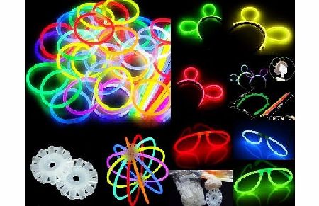100 8`` Glow Stick Bracelets,mixed Colors,100bracelet/necklace Connectors,5 Pairs of Glow Glasses Connectors,1 Glow Ball/flower Kit,5 Hair Clip Barrettes