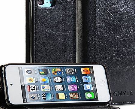 GMYLE iPod 5 Case, GMYLE(R) Wallet Case Simple for iPod touch 5th Generation - Black PU Leather Stand Cover