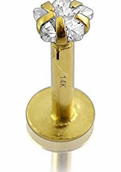 Gold Body Jewellery 14ct Solid Yellow Gold 3MM Prong Set Star CZ Stone Top with 16Gx8MM Hollow Labret Tragus Bars