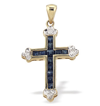 Gold Diamond Sapphire Cross & Chain (267)