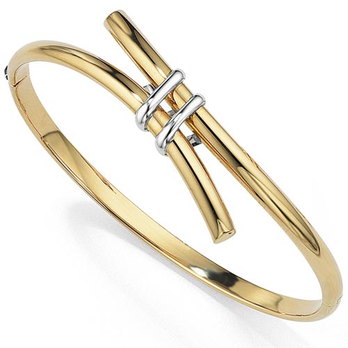 4mm Cross over Theme Bangle In 9 Carat Yellow and White Gold