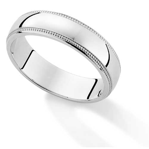 5mm Essential D Shape Mill Grain Edge Wedding Ring Band In 18 Carat White Gold