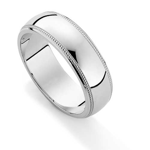 6mm Essential D Shape Mill Grain Edge Wedding Ring Band In 18 Carat White Gold