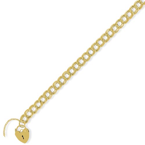 7.25 inch Double Curb Charm Bracelet with Padlock In 9 Carat Yellow Gold