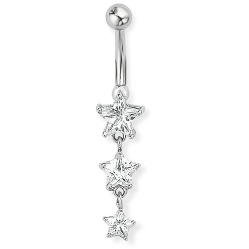 Gold Essentials Navel Bar with Dangling Cubic Zirconia Stars In 9 Carat White Gold