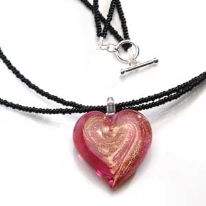 Gold Murano Glass Heart with Glass Black Beads
