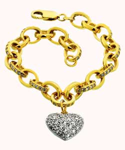 Plated Silver Cubic Zirconia Heart Charm Link Bracelet