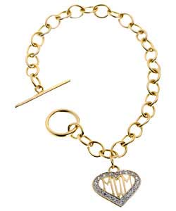 Gold Plated Silver Cubic Zirconia Mum Heart T-Bar Bracelet