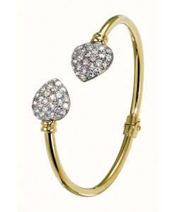 Gold Plated Silver Ladies Cubic Zirconia Heart Torque Bangle