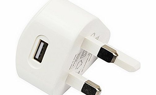 USB Wall 3 Pin Power UK Mains Plug Charger Adapter Compatible with Mobile Phones iPhone 4 4s 5 5s iPod Samsung HTC Sony - White