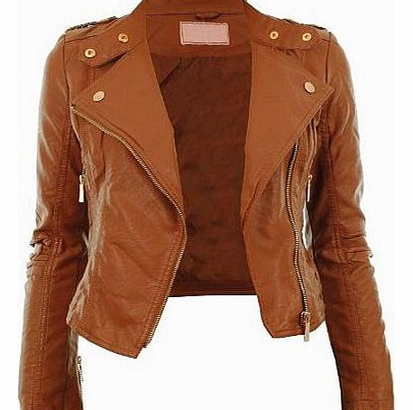 Gracious Girl Tan UK 12 - Diana New Womens Faux Leather Biker Gold Button Zip Crop Ladies Jacket Coat