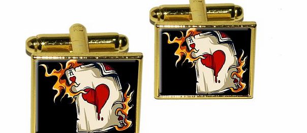 Graphics and More Ace of Hearts on Fire - Poker Gambling Square Cufflink Set - Gold