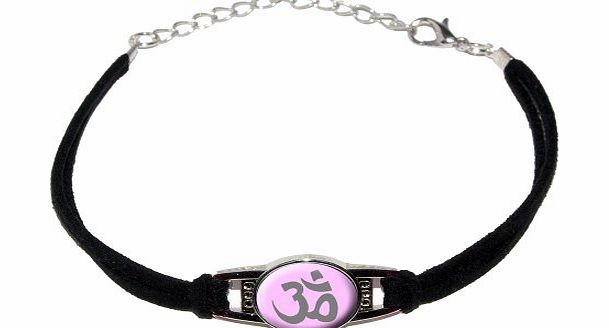 Om Aum Yoga Namaste Pink - Novelty Suede Leather Metal Bracelet - Black