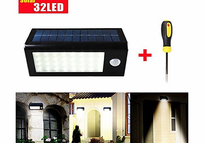 GRDE 400 Lumens 32 LED Solar Powered PIR Motion Sensor Light, Rechargeable Waterproof Outdoor Solar Wall / Porch / Pathway / Garden / Street Light (Screwdriver Included)