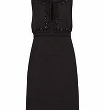 Black cotton blend beaded mini dress