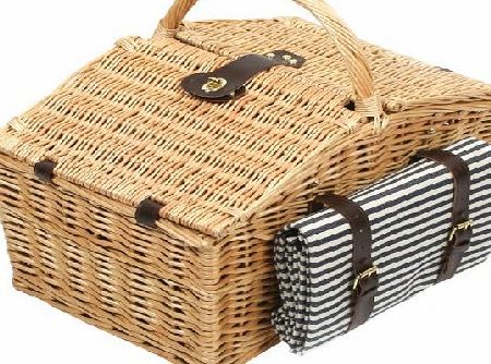Greenfield Collection (I-Fulfilment) Greenfield Collection Deluxe Somerley Willow 4 Person Picnic Hamper with Matching Blanket - Midnight Blue and White Striped Lining