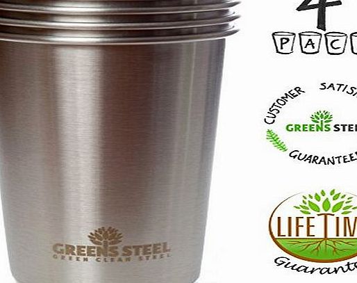 Greens Steel New Premium Stainless Steel Pint Cup (Limited Edition 4 Pack) 16oz/ 473ml Premium Stackable Tumbler Metal Drinking Glasses Cups By Greens Steel