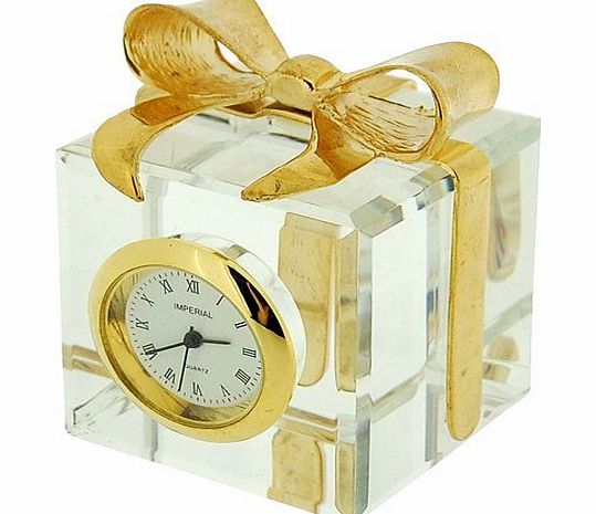 GTP Miniature Gold Plated Crystal Gift Box amp; Bow Novelty Collectors Clock IMP507