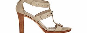 Womens taupe leather stud T-bar heels