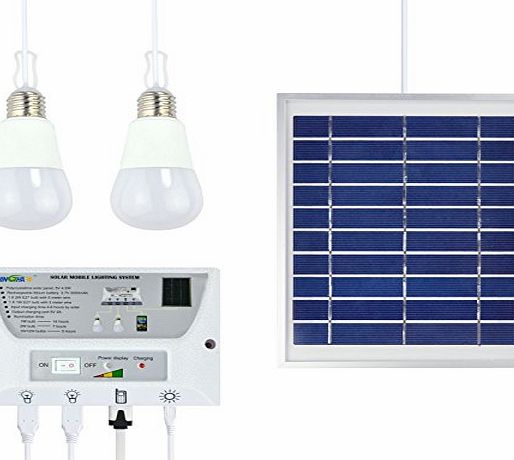 GUFAN Portable Solar Mobile Lighting System Cellphone Home Emergency Lights Power Pack for Indoor and Outdoor - with 1*1W E27 LED Bulb   1*2W E27 LED Bulb amp; Includes 3.7V 5000mAh Rechargable Battery
