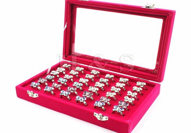 Glass Lid 36 Ring Jewellery Display Storage Box Tray Case Stand - Hot Pink