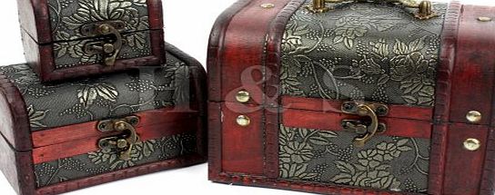 Set of 3 Wooden Vintage Treasure Chest Jewellery Storage Box Case Organiser Ring
