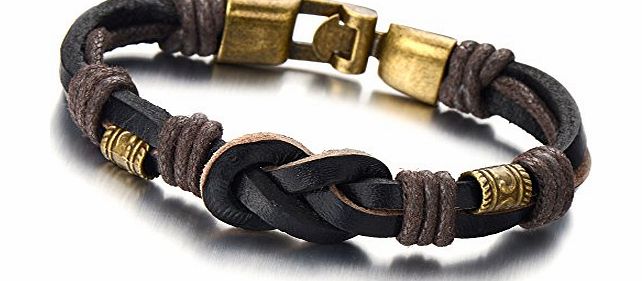 H C Friendship Nautical Knot Brown Leather Bracelet for Men and Women Double-row Leather Wristband