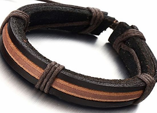 H C Friendship Nautical Knot Multi-row Black Leather Bracelet Mens Genuine Leather Wristband Wrap Bracelet
