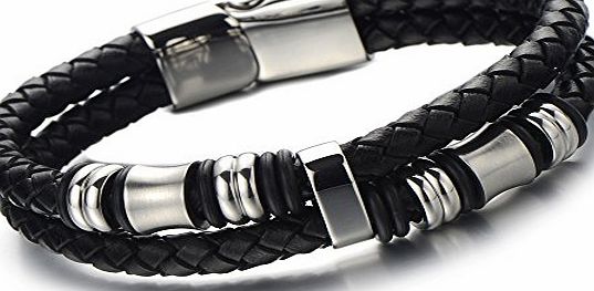 H C Mens Black Braided Leather Bracelet Double-row Bangle Wristband with Stainless Steel Ornaments