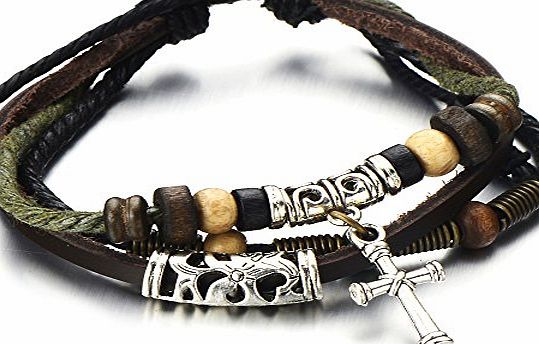 H C Tribal Cross Multi-strand Brown Leather Bracelet for Men Women Leather Wristband Wrap Bracelet
