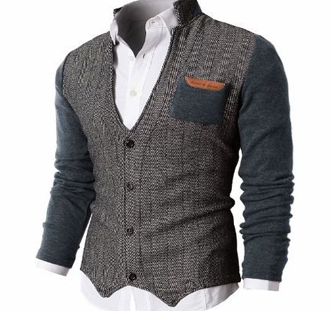 H2H Mens Herringbone Cardigan Sweater of Knitted Sleeves GRAY Asia XL (KMOSWL015)