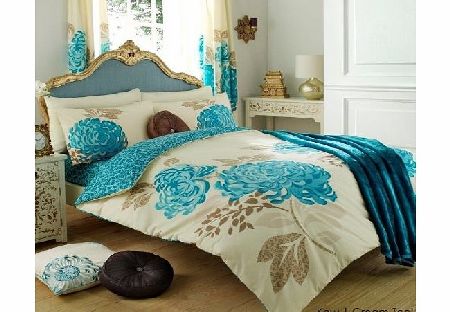 Hachette 3PC KEW CREAM amp; TEAL KING SIZE BEDDING BED DUVET COVER QUILT SET WITH PILLOWCASES