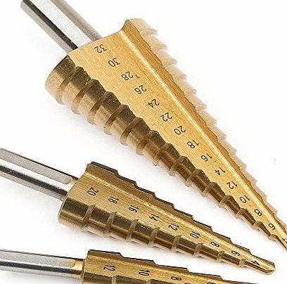 Hakkin Hakkain 3pcs 4-12/20/32mm Large HSS Steel Step Cone Drill Titanium Bit Hole Cutter