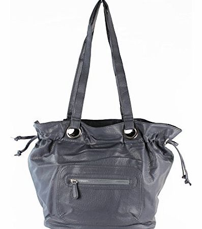 Handbag Large Designer Style Shoulder Straps Drawstrings Leather Look Bag (Grey)