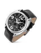 Flame - Men` Black Leather Band Date Watch