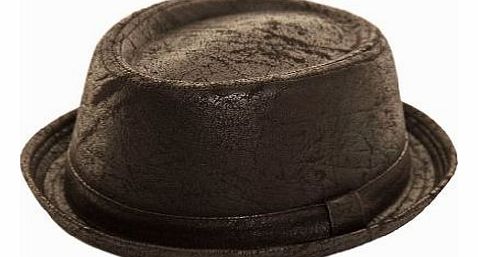 Hawkins Porkpie trilby hat black cracked leather distressed vintage effect soft - ML