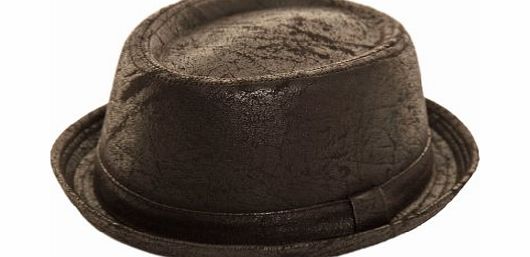 Hawkins Unisex Porkpie trilby hat black cracked leather worn vintage look NEW (M/L(59))
