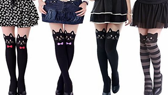 HDE 4-Pair Sexy Neko Kitty Cat Mock Thigh High Stockings Pantyhose Tights