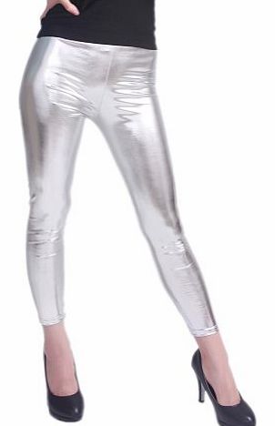 Footless Liquid Metallic Leggings Shiny Wet Look Stretch Club Tights Party Pants - Silver (XX-Large)