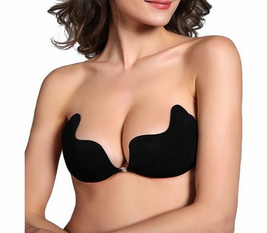 Sexy Strapless Backless Self Adhesive Invisible Push-up Wing Bra Breast Pad (Black, A)