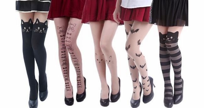 HDE Womens 5-Pack of Fun Pattern Printed Tattoo Stockings amp; Mock Thigh High Stockings