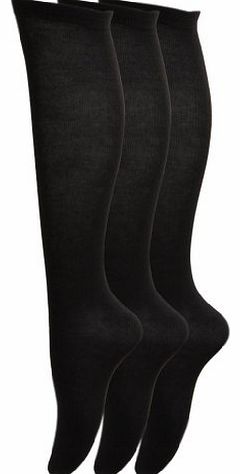 3 Pairs of Girls / Ladies Cotton with Lycra Knee High Socks / UK 4-6 Eur 37-40 (Black)