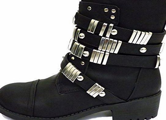 HeelzSoHigh Ladies Black Biker Ankle Zip-Up Buckle Cowboy Military Stud Boots Sizes 3-8