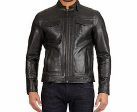 Black collarless leather biker jacket